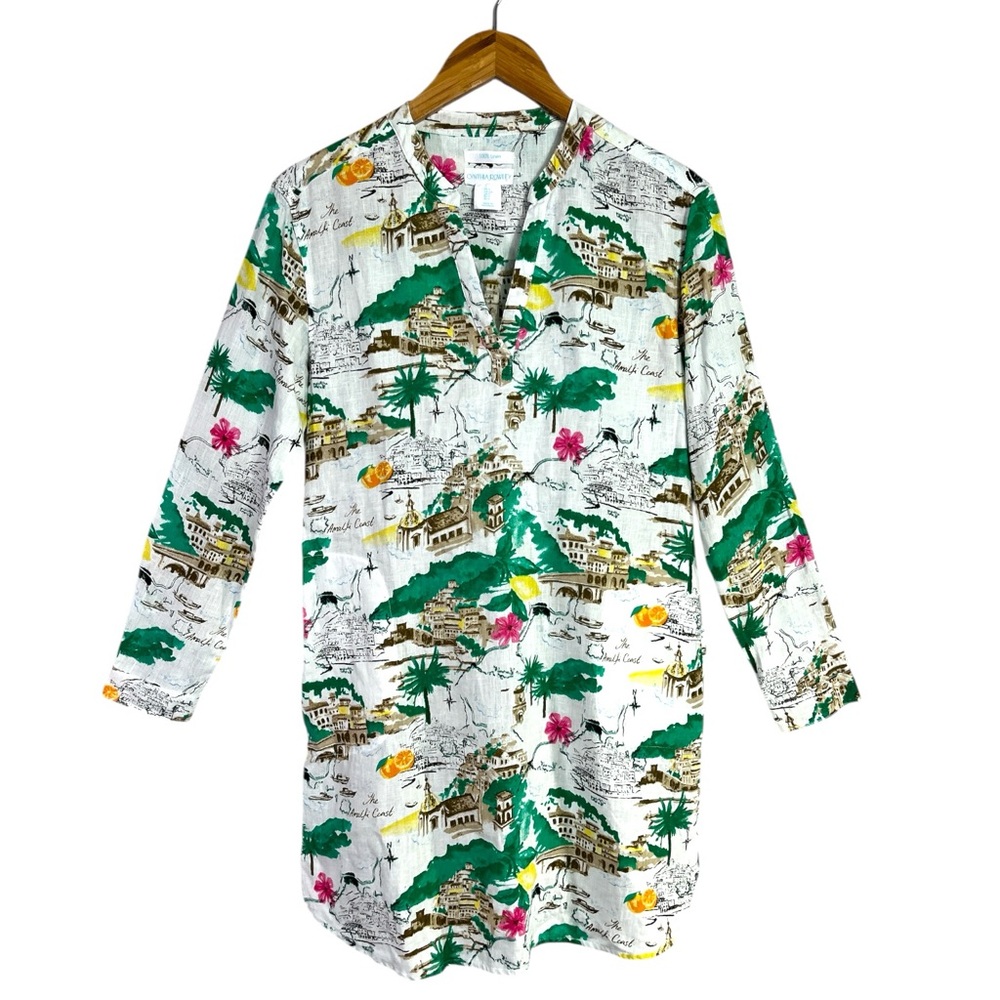Cynthia Rowley 100% Linen Amalfi Coast Print Long Sleeve V-Neck Mini Dress Small